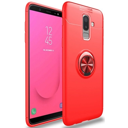 Samsung Galaxy J8 Kılıf Renkli Silikon Yüzüklü Standlı Auto Focus Ravel Kapak - Kırmızı
