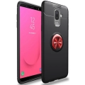 Samsung Galaxy J8 Kılıf Renkli Silikon Yüzüklü Standlı Auto Focus Ravel Kapak - Kırmızı - Siyah
