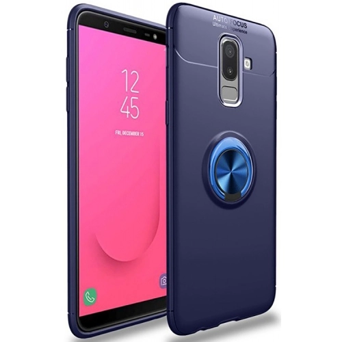 Samsung Galaxy J8 Kılıf Renkli Silikon Yüzüklü Standlı Auto Focus Ravel Kapak - Mavi - Siyah