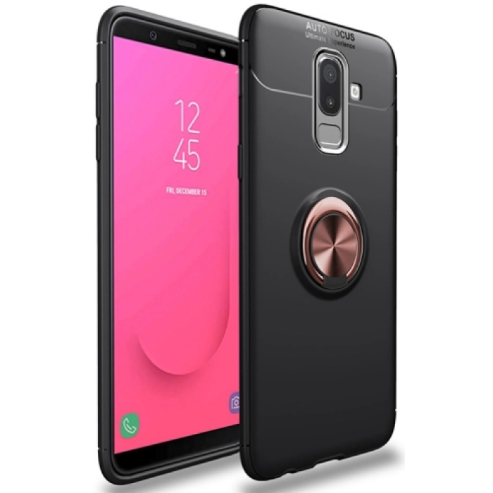 Samsung Galaxy J8 Kılıf Renkli Silikon Yüzüklü Standlı Auto Focus Ravel Kapak - Rose Gold