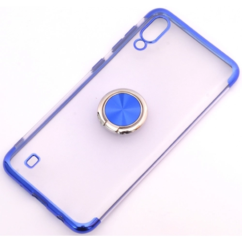 Samsung Galaxy M10 Kılıf Renkli Köşeli Yüzüklü Standlı Lazer Şeffaf Esnek Silikon - Mavi