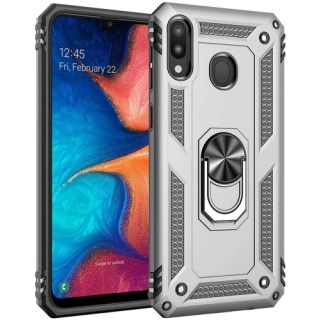 Samsung Galaxy M10s Kılıf Silikon Zırhlı Standlı Yüzüklü Mıknatıslı Tank Kapak - Gri