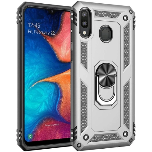 Samsung Galaxy M10s Kılıf Silikon Zırhlı Standlı Yüzüklü Mıknatıslı Tank Kapak - Gri