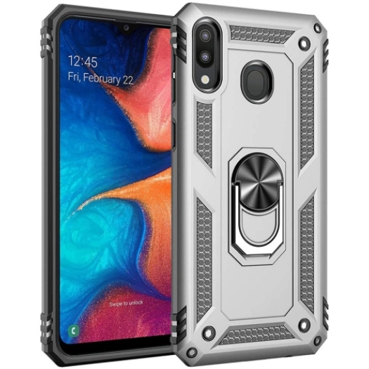 Samsung Galaxy M10s Kılıf Silikon Zırhlı Standlı Yüzüklü Mıknatıslı Tank Kapak - Gri