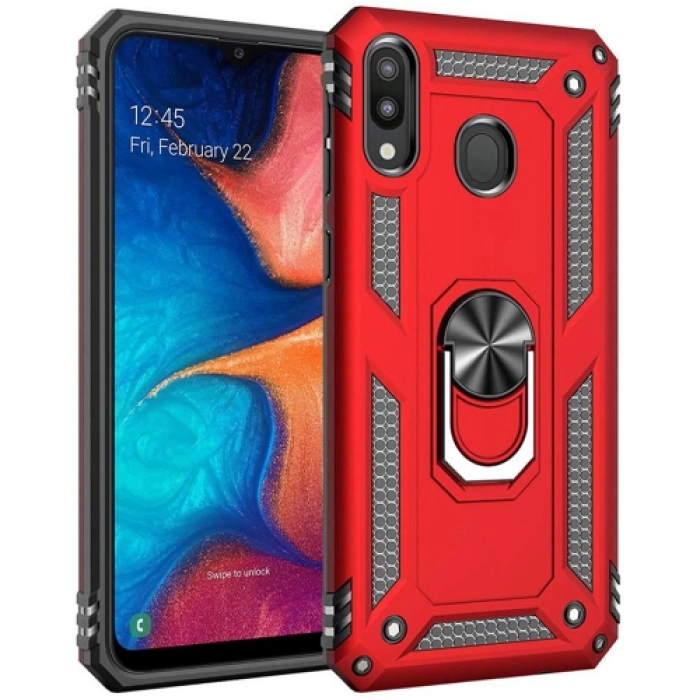 Samsung Galaxy M10s Kılıf Silikon Zırhlı Standlı Yüzüklü Mıknatıslı Tank Kapak - Kırmızı
