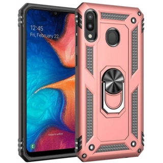 Samsung Galaxy M10s Kılıf Silikon Zırhlı Standlı Yüzüklü Mıknatıslı Tank Kapak - Rose Gold