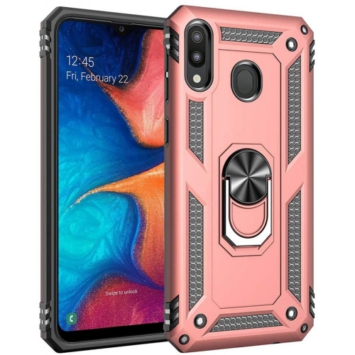 Samsung Galaxy M10s Kılıf Silikon Zırhlı Standlı Yüzüklü Mıknatıslı Tank Kapak - Rose Gold