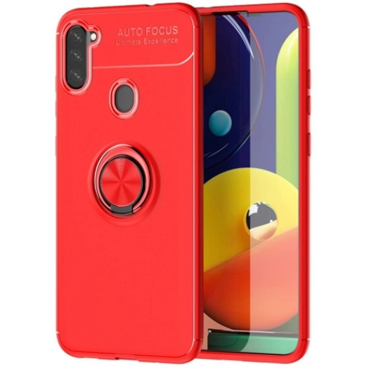 Samsung Galaxy M11 Kılıf Renkli Silikon Yüzüklü Standlı Auto Focus Ravel Kapak - Kırmızı