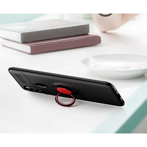 Samsung Galaxy M11 Kılıf Renkli Silikon Yüzüklü Standlı Auto Focus Ravel Kapak - Kırmızı - Siyah