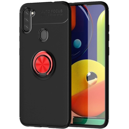 Samsung Galaxy M11 Kılıf Renkli Silikon Yüzüklü Standlı Auto Focus Ravel Kapak - Kırmızı - Siyah