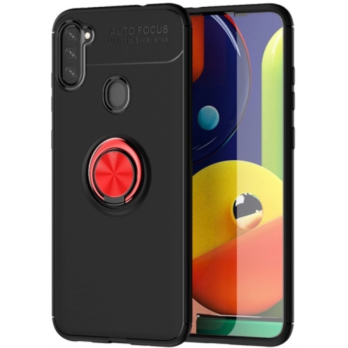 Samsung Galaxy M11 Kılıf Renkli Silikon Yüzüklü Standlı Auto Focus Ravel Kapak - Kırmızı - Siyah