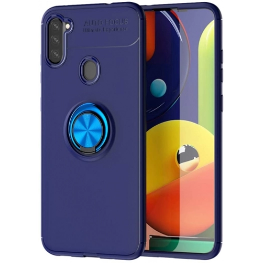 Samsung Galaxy M11 Kılıf Renkli Silikon Yüzüklü Standlı Auto Focus Ravel Kapak - Mavi