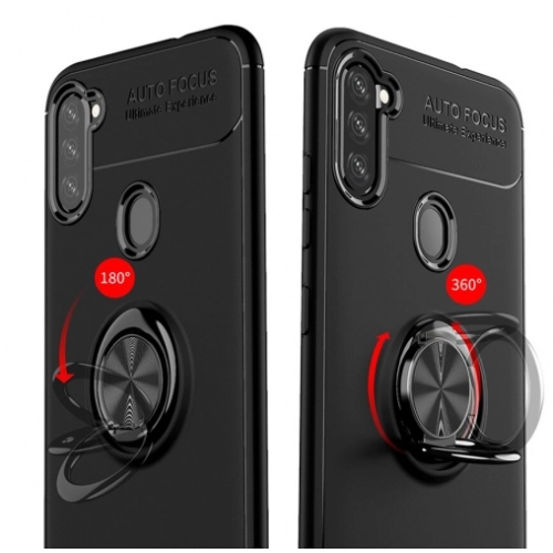 Samsung Galaxy M11 Kılıf Renkli Silikon Yüzüklü Standlı Auto Focus Ravel Kapak - Mavi - Siyah