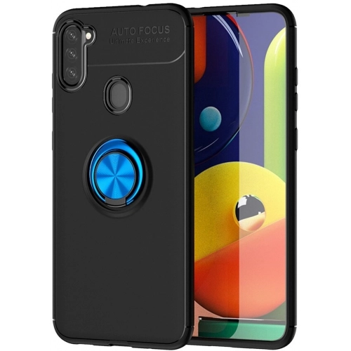 Samsung Galaxy M11 Kılıf Renkli Silikon Yüzüklü Standlı Auto Focus Ravel Kapak - Mavi - Siyah