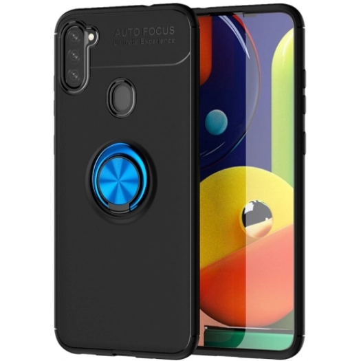 Samsung Galaxy M11 Kılıf Renkli Silikon Yüzüklü Standlı Auto Focus Ravel Kapak - Mavi - Siyah