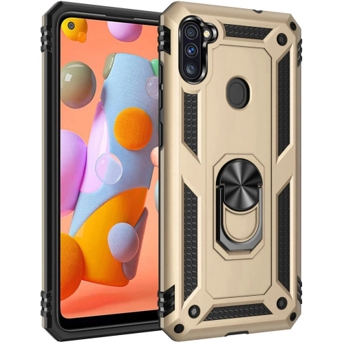 Samsung Galaxy M11 Kılıf Silikon Zırhlı Standlı Yüzüklü Mıknatıslı Tank Kapak - Gold