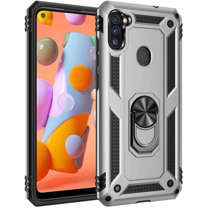 Samsung Galaxy M11 Kılıf Silikon Zırhlı Standlı Yüzüklü Mıknatıslı Tank Kapak - Gri