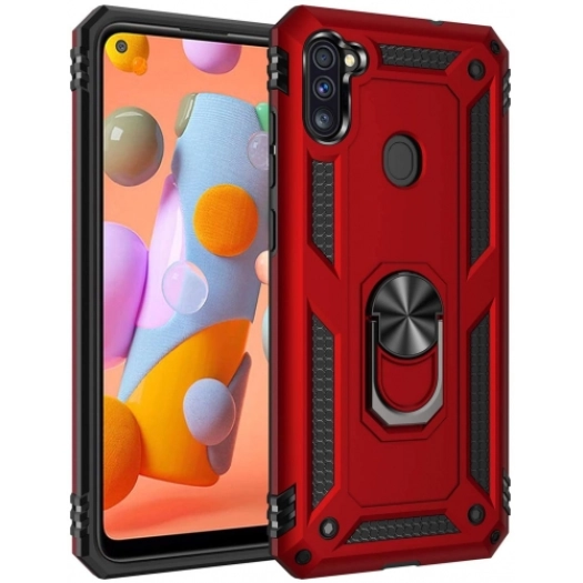 Samsung Galaxy M11 Kılıf Silikon Zırhlı Standlı Yüzüklü Mıknatıslı Tank Kapak - Kırmızı