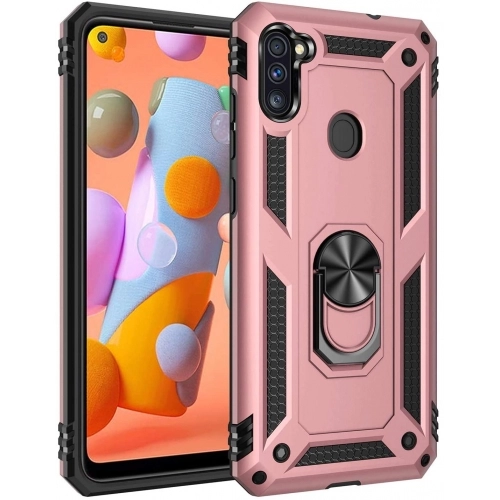 Samsung Galaxy M11 Kılıf Silikon Zırhlı Standlı Yüzüklü Mıknatıslı Tank Kapak - Rose Gold