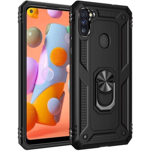 Samsung Galaxy M11 Kılıf Silikon Zırhlı Standlı Yüzüklü Mıknatıslı Tank Kapak - Siyah