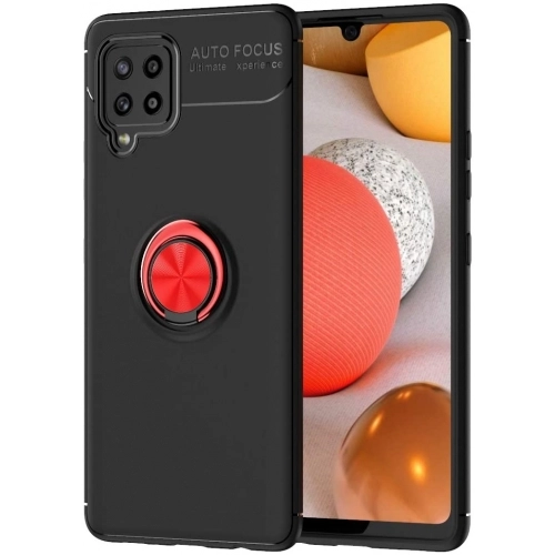 Samsung Galaxy M12 Kılıf Renkli Silikon Yüzüklü Standlı Auto Focus Ravel Kapak - Kırmızı - Siyah