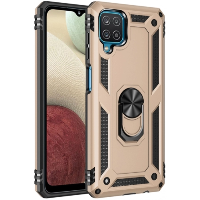 Samsung Galaxy M12 Kılıf Silikon Zırhlı Standlı Yüzüklü Mıknatıslı Tank Kapak - Gold