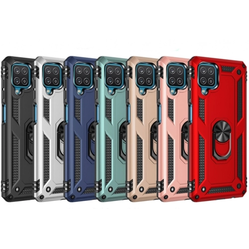 Samsung Galaxy M12 Kılıf Silikon Zırhlı Standlı Yüzüklü Mıknatıslı Tank Kapak - Gri