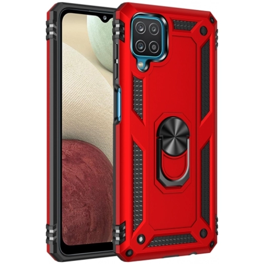 Samsung Galaxy M12 Kılıf Silikon Zırhlı Standlı Yüzüklü Mıknatıslı Tank Kapak - Kırmızı
