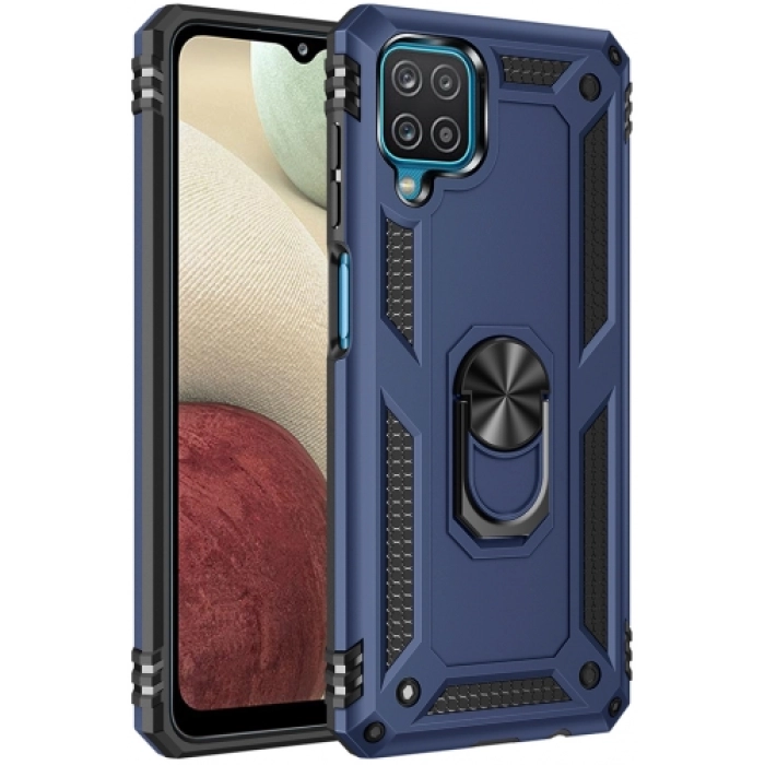 Samsung Galaxy M12 Kılıf Silikon Zırhlı Standlı Yüzüklü Mıknatıslı Tank Kapak - Lacivert
