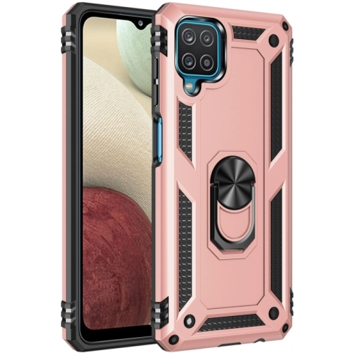 Samsung Galaxy M12 Kılıf Silikon Zırhlı Standlı Yüzüklü Mıknatıslı Tank Kapak - Rose Gold