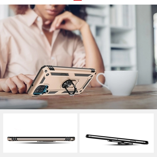 Samsung Galaxy M12 Kılıf Silikon Zırhlı Standlı Yüzüklü Mıknatıslı Tank Kapak - Rose Gold