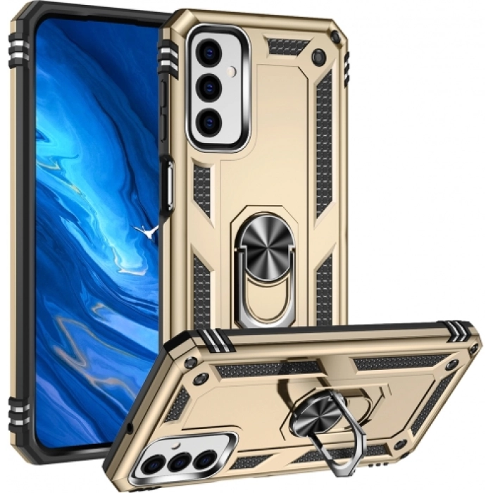 Samsung Galaxy M13 Kılıf Silikon Zırhlı Standlı Yüzüklü Mıknatıslı Tank Kapak - Gold