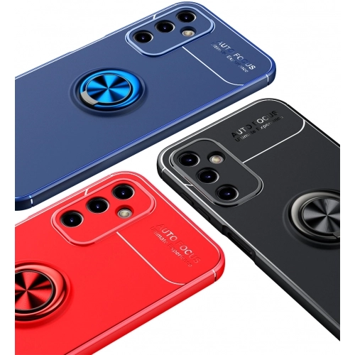 Samsung Galaxy M14 Kılıf Renkli Silikon Yüzüklü Standlı Auto Focus Ravel Kapak - Mavi - Siyah