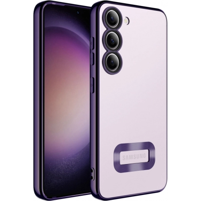 Samsung Galaxy M14 Kılıf Kamera Lens Korumalı Şeffaf Renkli Logo Gösteren Parlak Kapak - Koyu Mor