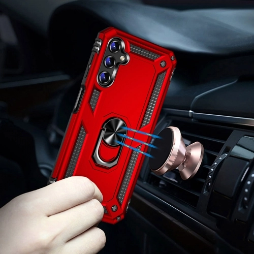 Samsung Galaxy M14 Kılıf Silikon Zırhlı Standlı Yüzüklü Mıknatıslı Tank Kapak - Kırmızı