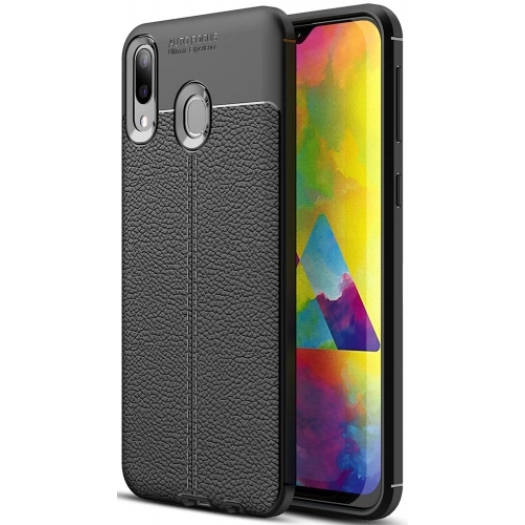 Samsung Galaxy M20 Kılıf Deri Görünümlü Lüks Parmak İzi Bırakmaz Niss Silikon Kapak - Siyah