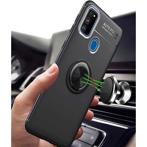Samsung Galaxy M21 Kılıf Renkli Silikon Yüzüklü Standlı Auto Focus Ravel Kapak - Mavi