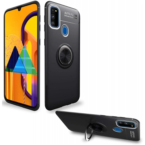 Samsung Galaxy M21 Kılıf Renkli Silikon Yüzüklü Standlı Auto Focus Ravel Kapak - Siyah