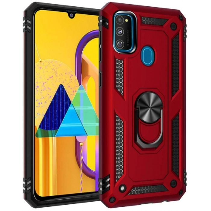 Samsung Galaxy M21 Kılıf Silikon Zırhlı Standlı Yüzüklü Mıknatıslı Tank Kapak - Kırmızı