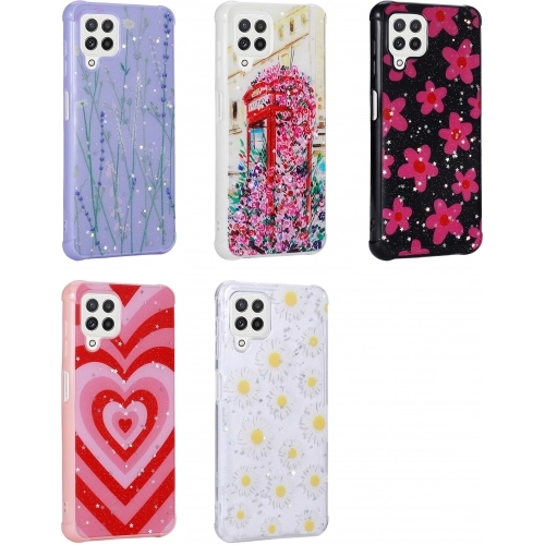 Samsung Galaxy M22 Kılıf Desenli Simli Kenarları Airbag Kamera Korumalı Popy Kapak - Kulübe