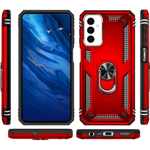 Samsung Galaxy M23 5G Kılıf Silikon Zırhlı Standlı Yüzüklü Mıknatıslı Tank Kapak - Gümüş