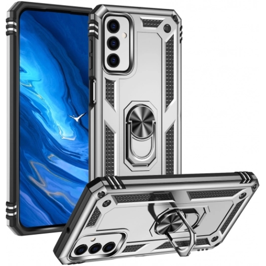 Samsung Galaxy M23 5G Kılıf Silikon Zırhlı Standlı Yüzüklü Mıknatıslı Tank Kapak - Gümüş