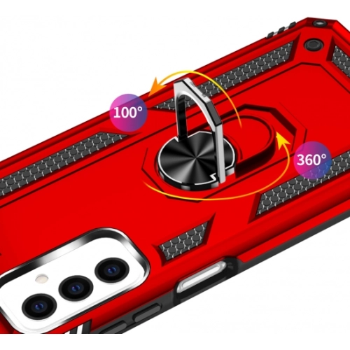 Samsung Galaxy M23 5G Kılıf Silikon Zırhlı Standlı Yüzüklü Mıknatıslı Tank Kapak - Kırmızı