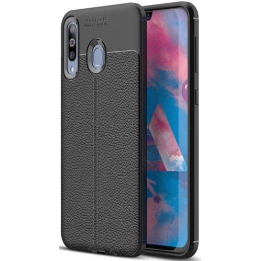 Samsung Galaxy M30 Kılıf Deri Görünümlü Lüks Parmak İzi Bırakmaz Niss Silikon Kapak - Siyah