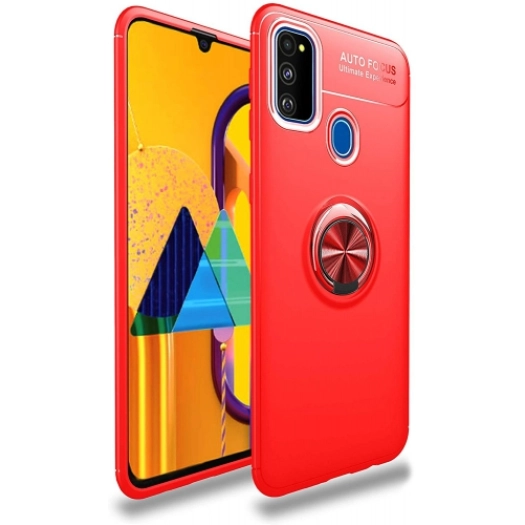 Samsung Galaxy M30s Kılıf Renkli Silikon Yüzüklü Standlı Auto Focus Ravel Kapak - Kırmızı