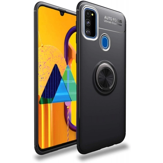 Samsung Galaxy M30s Kılıf Renkli Silikon Yüzüklü Standlı Auto Focus Ravel Kapak - Siyah