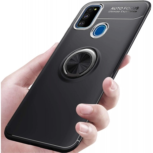 Samsung Galaxy M31 Kılıf Renkli Silikon Yüzüklü Standlı Auto Focus Ravel Kapak - Mavi - Siyah