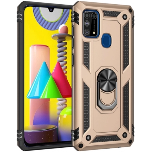 Samsung Galaxy M31 Kılıf Silikon Zırhlı Standlı Yüzüklü Mıknatıslı Tank Kapak - Gold
