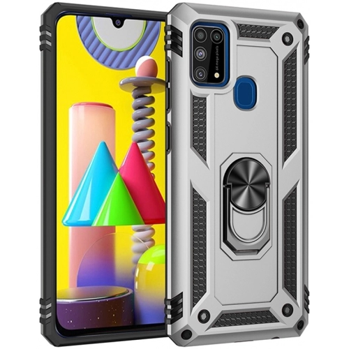 Samsung Galaxy M31 Kılıf Silikon Zırhlı Standlı Yüzüklü Mıknatıslı Tank Kapak - Gümüş