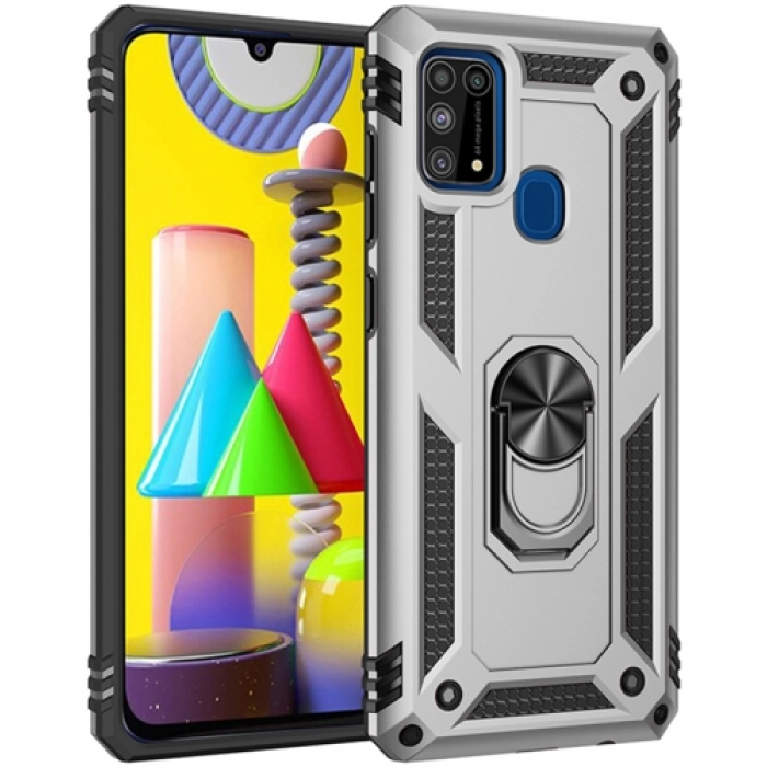 Samsung Galaxy M31 Kılıf Silikon Zırhlı Standlı Yüzüklü Mıknatıslı Tank Kapak - Gümüş